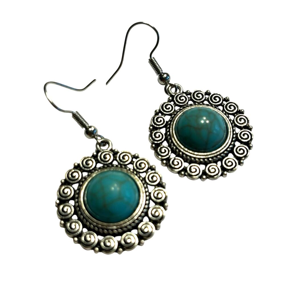 Silver pierced earrings drop & dangle blue stones southwestern Boho casual look